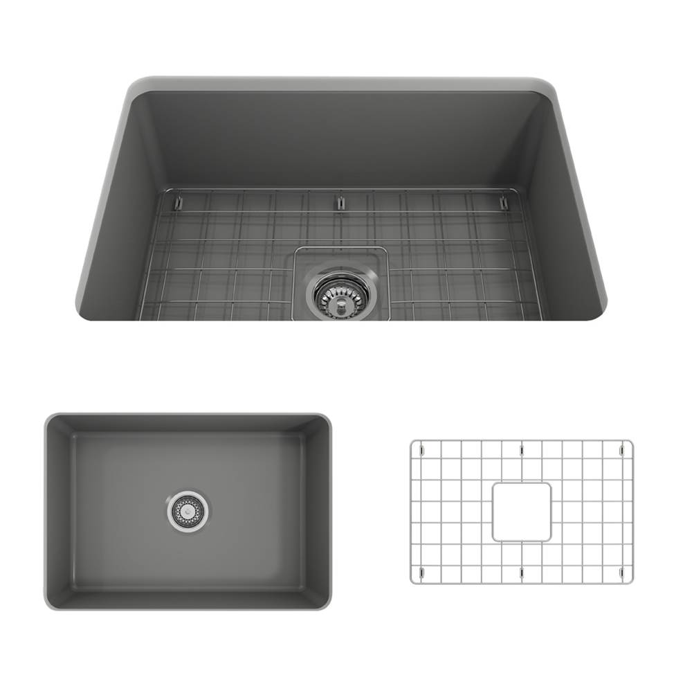 BOCCHI Sotto Dual-mount Fireclay 27 in. Single Bowl Kitchen Sink with Protective Bottom Grid and Strainer in Matte Gray