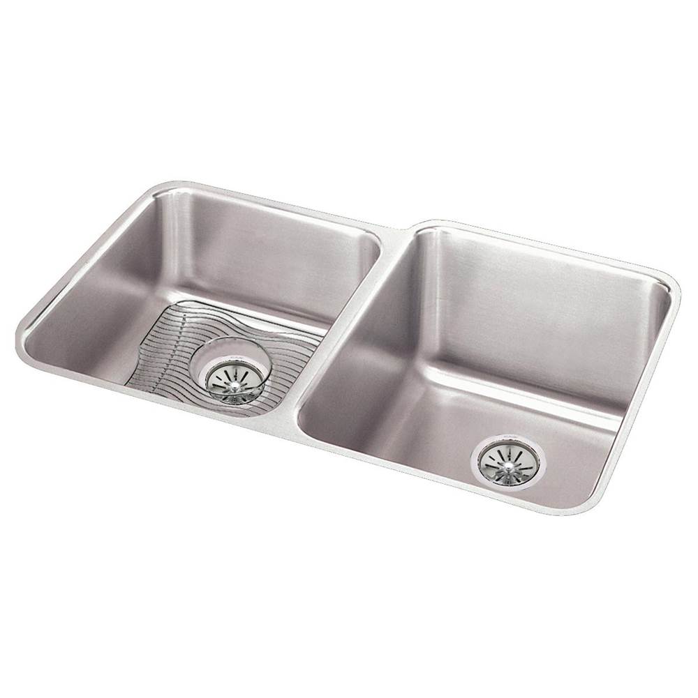 Elkay Lustertone Classic Stainless Steel 31-1/4'' x 20-1/2'' x 9-7/8'', Offset Double Bowl Undermount Sink Kit