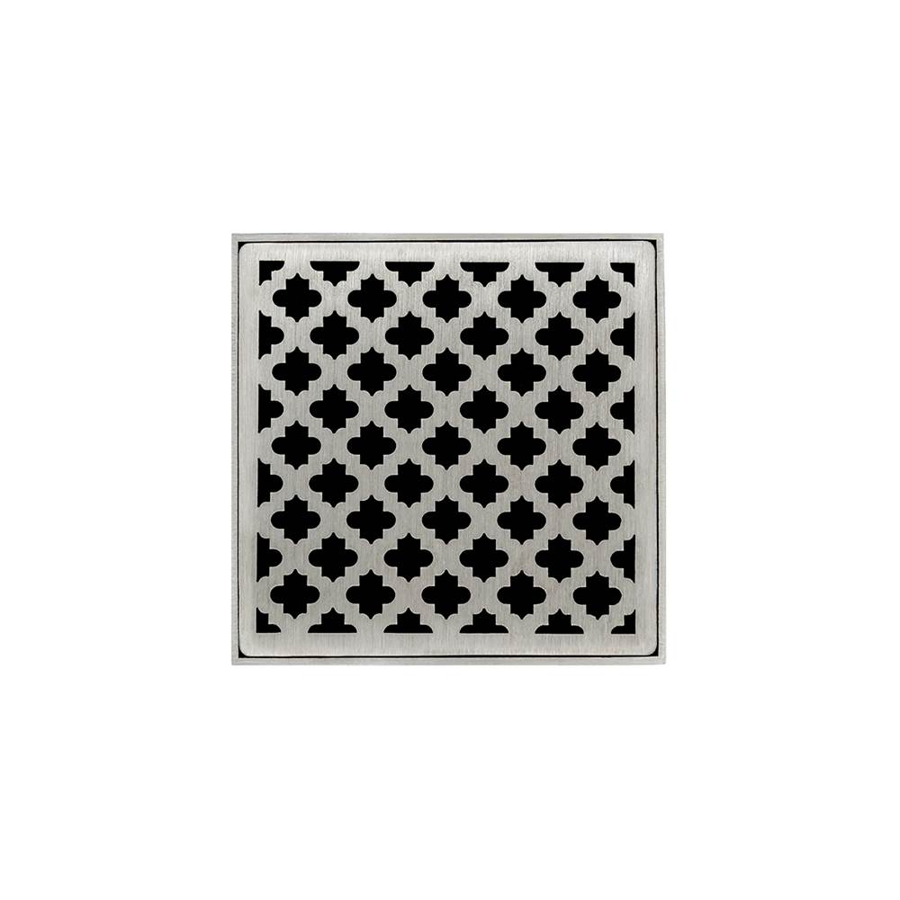 Infinity Drain 4'' x 4'' MDB 4 Complete Kit with Moor Pattern Decorative Plate in Satin Stainless with PVC Bonded Flange Drain Body, 2'', 3'' and 4'' Outlet