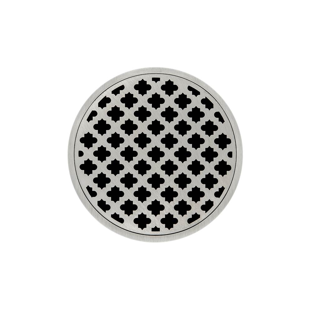 Infinity Drain 5'' Round RMD 5 High Flow Complete Kit with Moor Pattern Decorative Plate in Satin Stainless with ABS Drain Body, 3'' Outlet