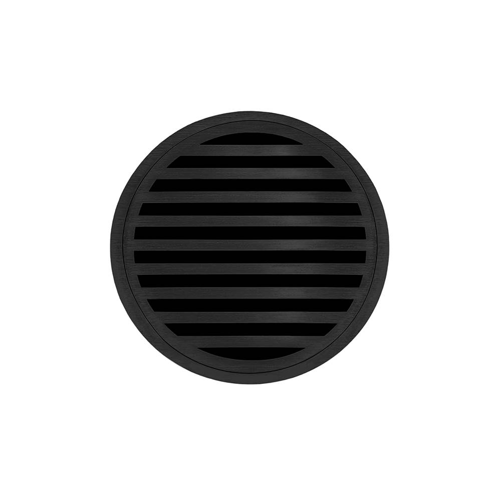 Infinity Drain 5'' Round RND 5 High Flow Complete Kit with Lines Pattern Decorative Plate in Matte Black with Cast Iron Drain Body, 3'' No-Hub Outlet