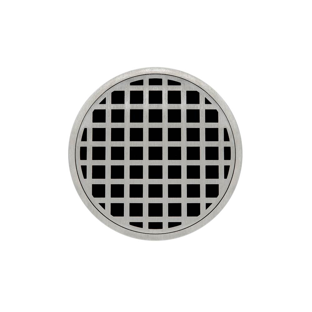Infinity Drain 5'' Round RQDB 5 Complete Kit with Squares Pattern Decorative Plate in Satin Stainless with ABS Bonded Flange Drain Body, 2'', 3'' and 4'' Outlet