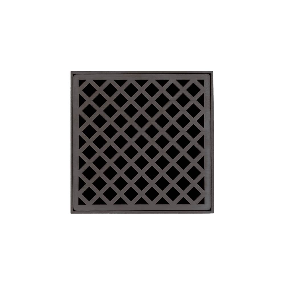 Infinity Drain 5'' x 5'' XDB 5 Complete Kit with Criss-Cross Pattern Decorative Plate in Oil Rubbed Bronze with ABS Bonded Flange Drain Body, 2'', 3'' and 4'' Outlet