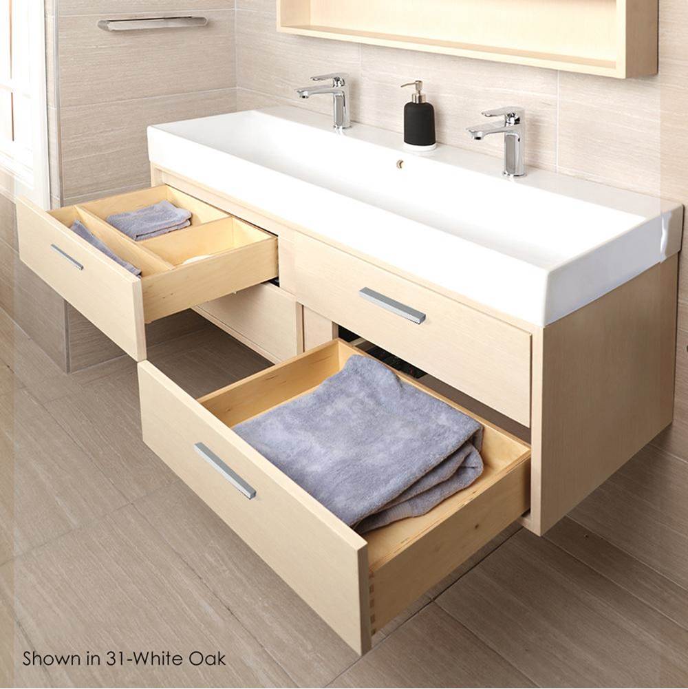 Lacava Wall-mount under-counter vanity with four push-open drawers adorned with metal inserts and equipped with drawer organizers.