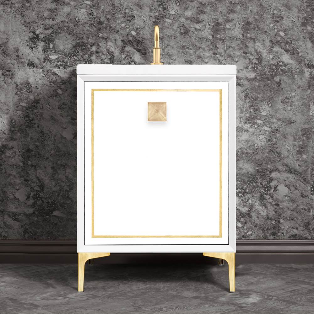 Linkasink LINEA with 3'' Artisan Glass Prism Hardware 24'' Wide Vanity, White, Satin Brass Hardware, 24'' x 22'' x 33.5'' (without vanity top)