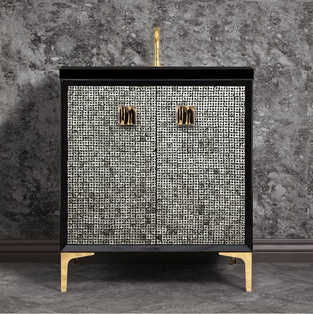 Linkasink MOTHER OF PEARL with 3'' Artisan Glass Prism Hardware 30'' Wide Vanity, Black, Polished Brass Hardware, 30'' x 22'' x 33.5'' (without vanity top)