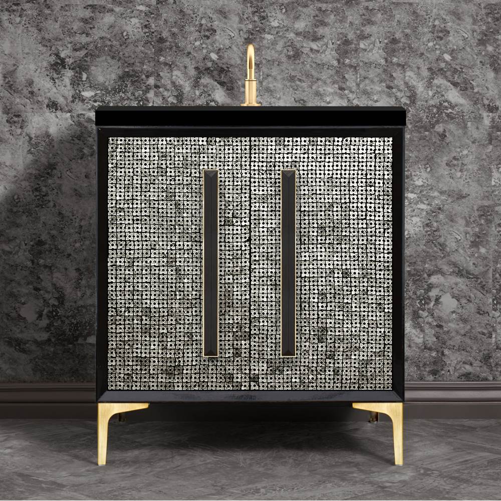 Linkasink MOTHER OF PEARL with 18'' Artisan Glass Prism Hardware 30'' Wide Vanity, Black, Satin Brass Hardware, 30'' x 22'' x 33.5'' (without vanity top)