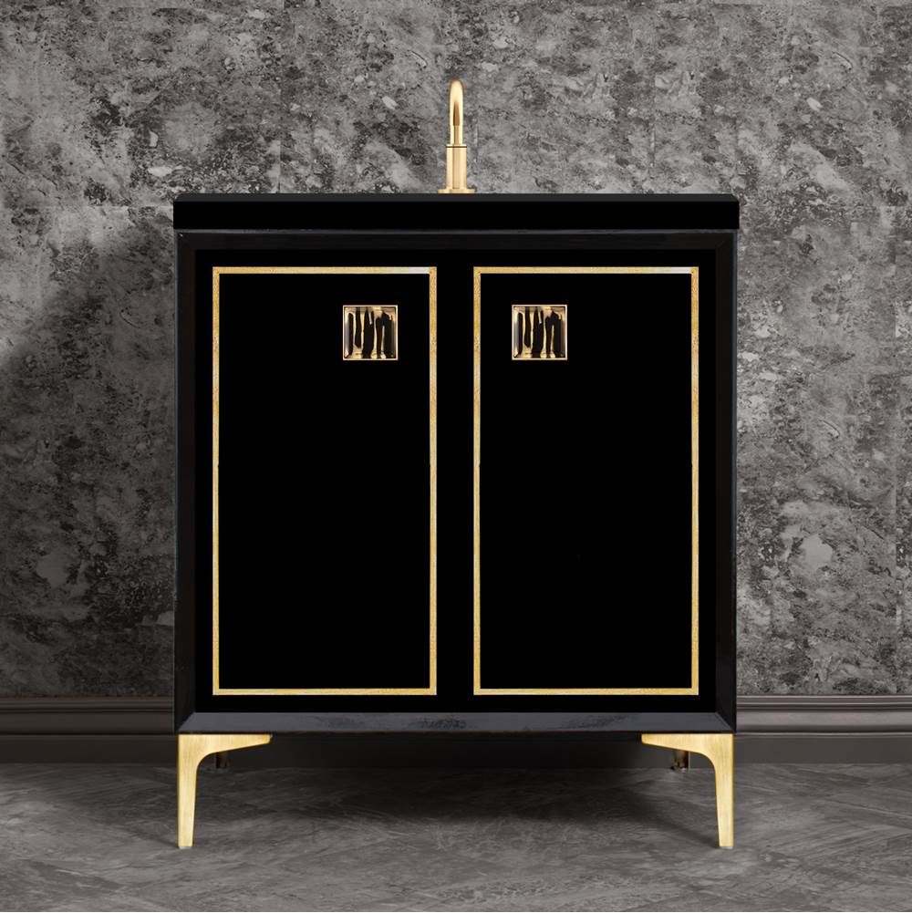 Linkasink Linea with 3'' Black Tiger Artisan Glass Prism, 30'' Wide Vanity, Black, Satin Brass Hardware with White Glass, 30'' x 22'' x 33.5'' (without vanity top)