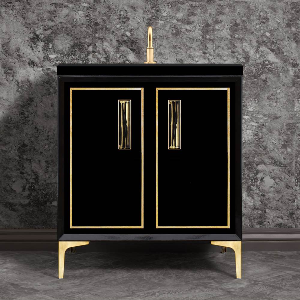 Linkasink Linea with 8'' Black Tiger Artisan Glass Prism, 30'' Wide Vanity, Black, Satin Brass Hardware with White Glass, 30'' x 22'' x 33.5'' (without vanity top)