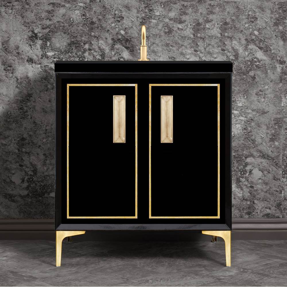 Linkasink LINEA with 8'' Artisan Glass Prism Hardware 30'' Wide Vanity, Black, Satin Brass Hardware, 30'' x 22'' x 33.5'' (without vanity top)