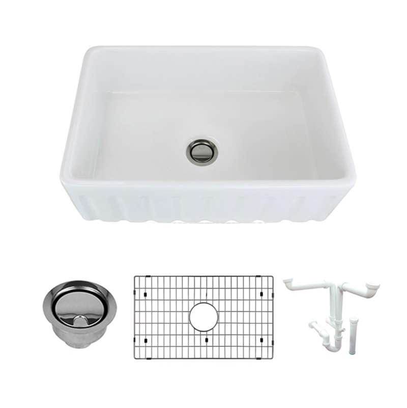 Transolid Logan 30in x 20in Super Undermount Single Bowl Farmhouse Fireclay Kitchen Sink with Reversible (Fluted/Plain) Front, i