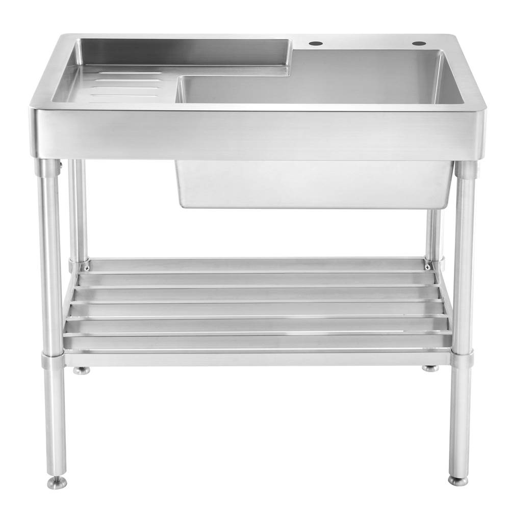 Whitehaus Collection Pearlhaus Brushed Stainless Steel  Single Bowl, Freestanding Utility Sink with Drainboard and Lower Rack