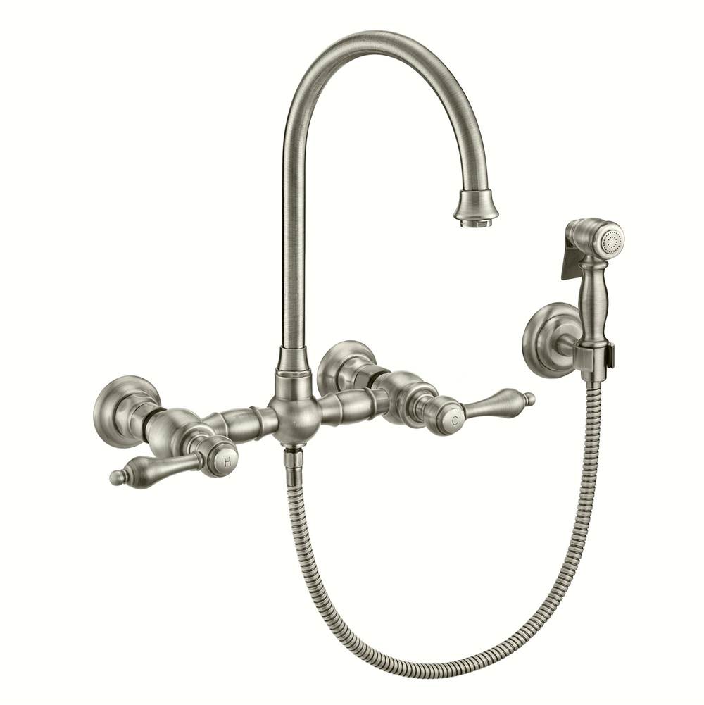 Whitehaus Collection Vintage III Plus Wall Mount Faucet with a  Long Gooseneck Swivel Spout, Lever Handles and Solid Brass Side Spray