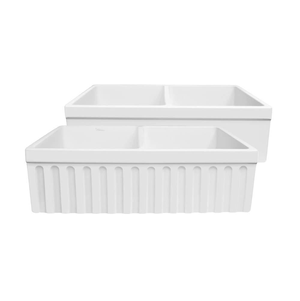 Whitehaus Collection Farmhaus Quatro Alcove Reversible Matte Double Bowl  Fireclay Kitchen Sink with Fluted  2'' Lip Front Apron on one Side and a 2 ½'' Lip Plain on the Opposite Side