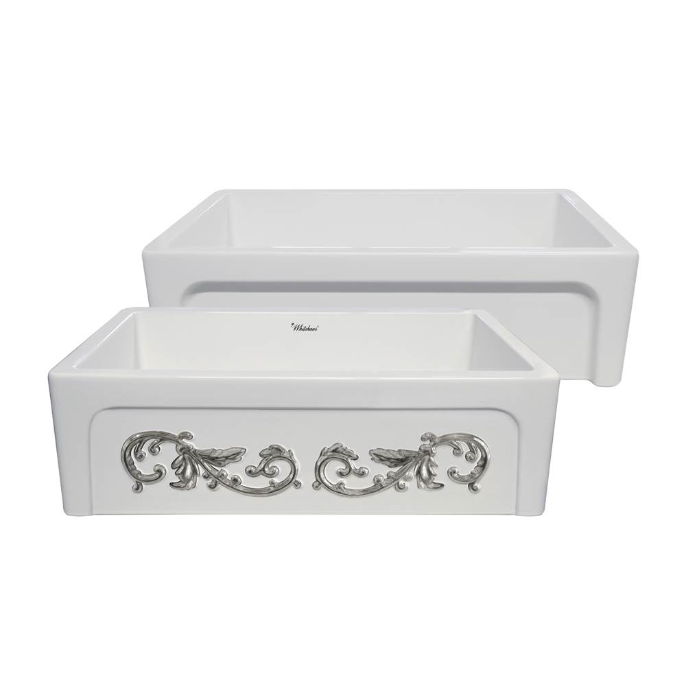Whitehaus Collection St. Ives Ornamental 33'' Reversible Fireclay Kitchen Sink with  Intricate Embossed Vine Design Front Apron on one side and an Elegant Beveled Front Apron on the Opposite Side
